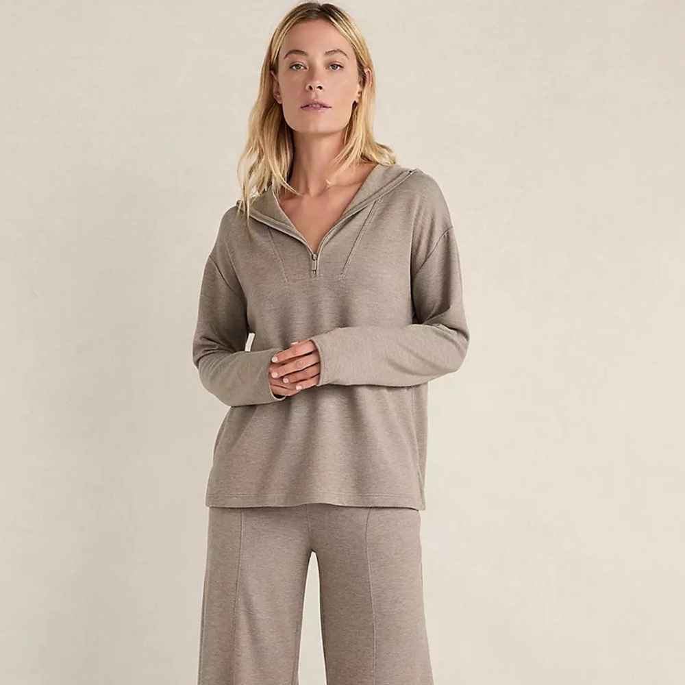 Relaxed Zip-Neck Hooded Top in Taupe